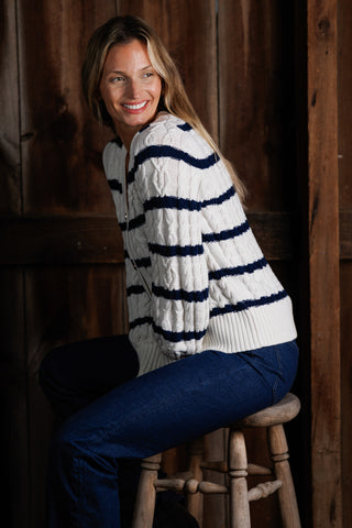Chloe Cable Knit Cardigan in Ivory with Navy Stripes