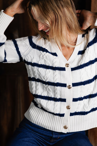 Chloe Cable Knit Cardigan in Ivory with Navy Stripes