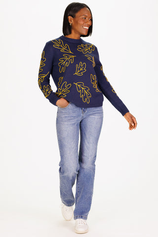 Chain Stitch Fall Leaves Crew Neck in Navy with Gold Leaves