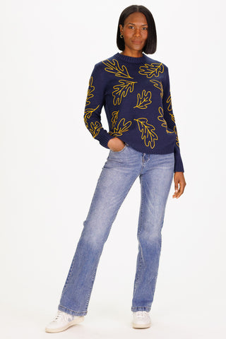 Chain Stitch Fall Leaves Crew Neck in Navy with Gold Leaves