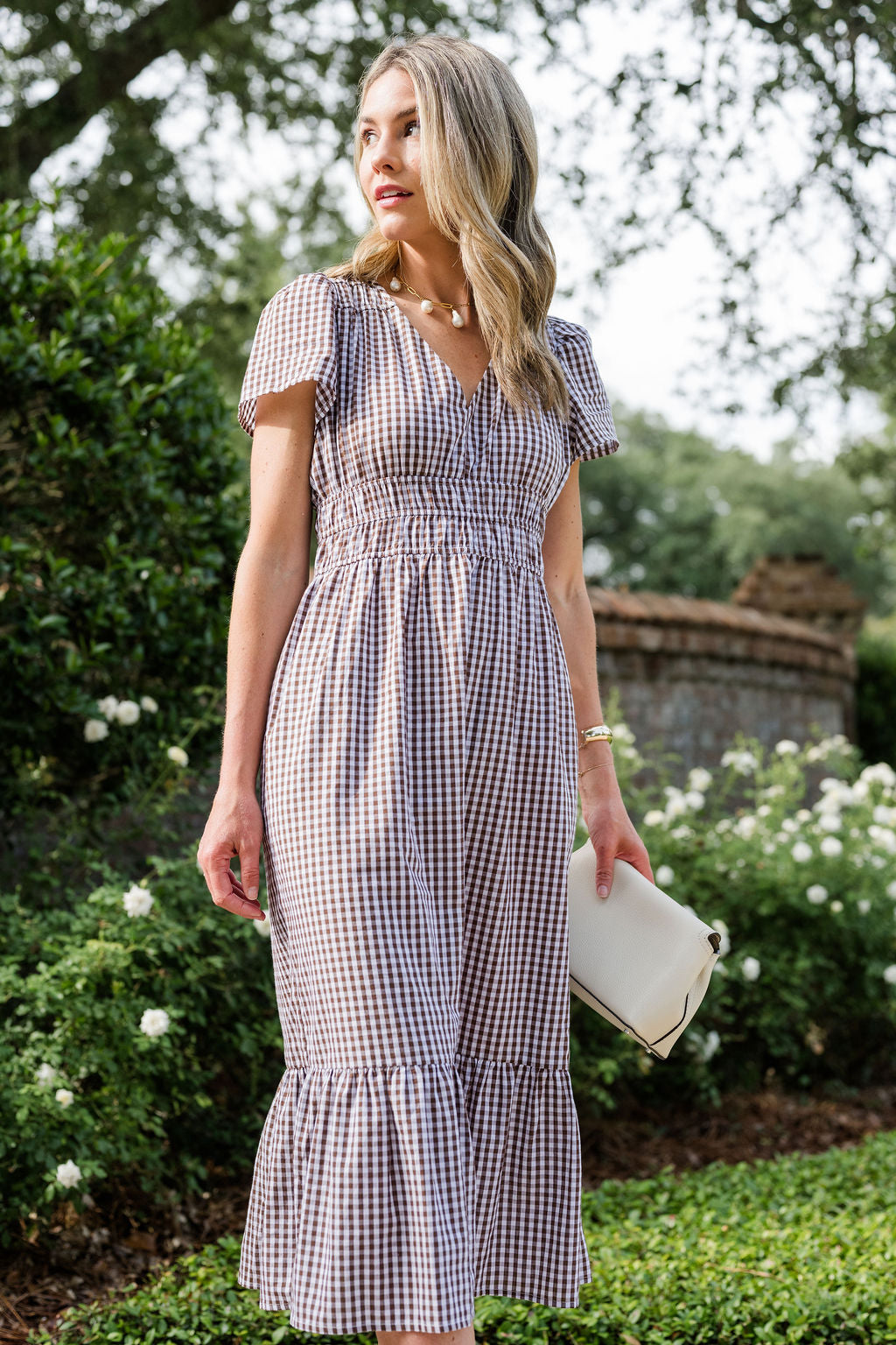 Dawn Midi Dress in Brown Gingham S Dawn Midi Dress in Brown Gingham S