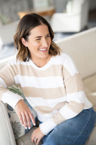 Tan & White Stripe Drop Shoulder Sweater