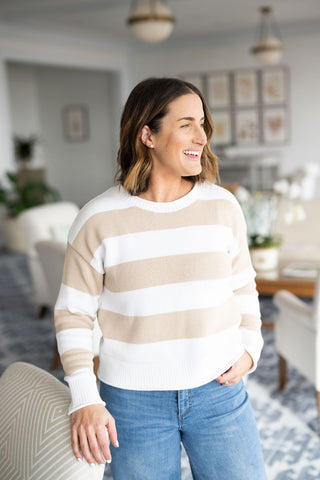 Tan & White Stripe Drop Shoulder Sweater