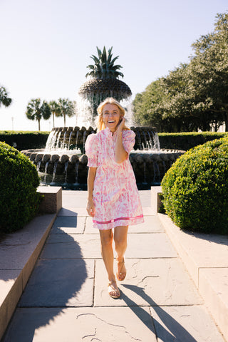 Dallas Dress in Pink Floral Toile