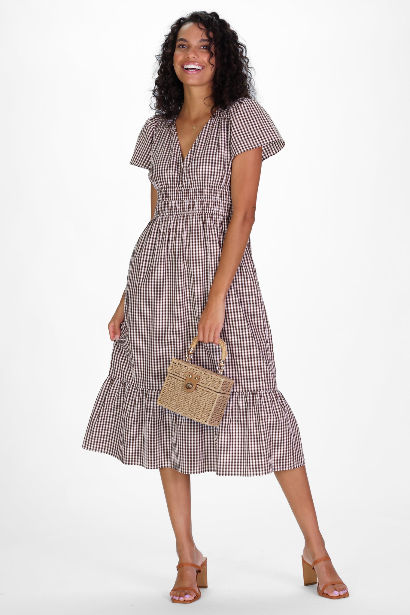 Dawn Midi Dress in Brown Gingham S Dawn Midi Dress in Brown Gingham S