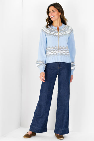 Fair Isle Zip Up Cardigan in Light Blue