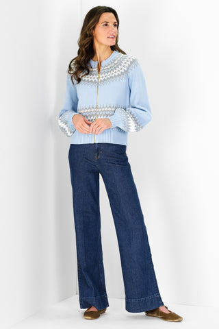 Fair Isle Zip Up Cardigan in Light Blue