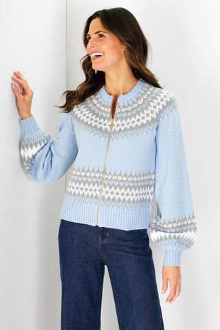 Fair Isle Zip Up Cardigan in Light Blue