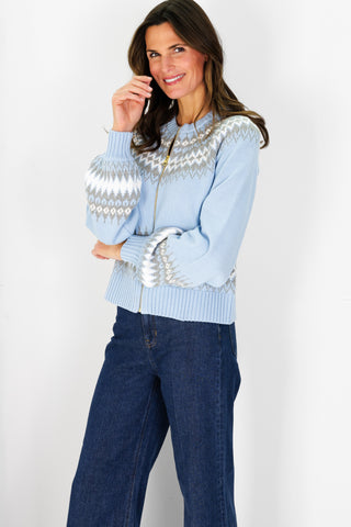 Fair Isle Zip Up Cardigan in Light Blue