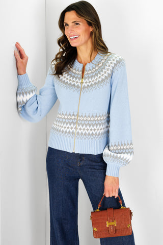 Fair Isle Zip Up Cardigan in Light Blue