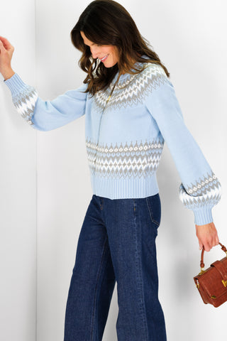 Fair Isle Zip Up Cardigan in Light Blue