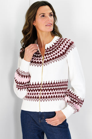 Fair Isle Zip Up Cardigan in Ivory