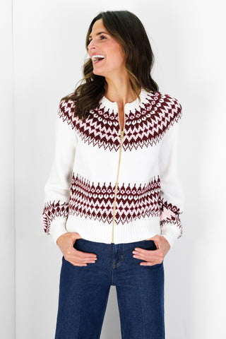Fair Isle Zip Up Cardigan in Ivory
