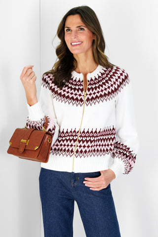 Fair Isle Zip Up Cardigan in Ivory