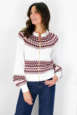 Fair Isle Zip Up Cardigan in Ivory