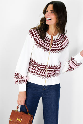 Fair Isle Zip Up Cardigan in Ivory
