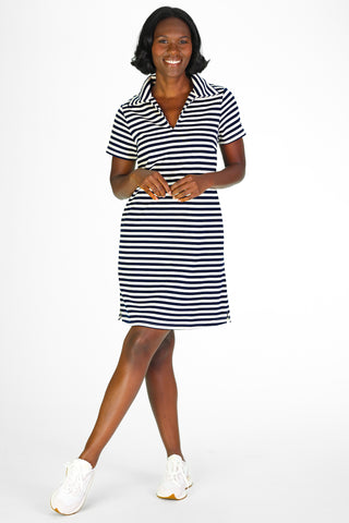 French Terry Asher Dress in Navy and White Stripe