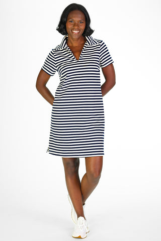 French Terry Asher Dress in Navy and White Stripe