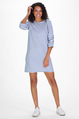 French Terry Zoey Dress in Light Blue Stripe