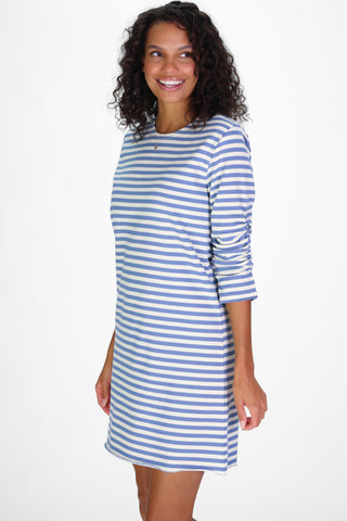 French Terry Zoey Dress in Light Blue Stripe