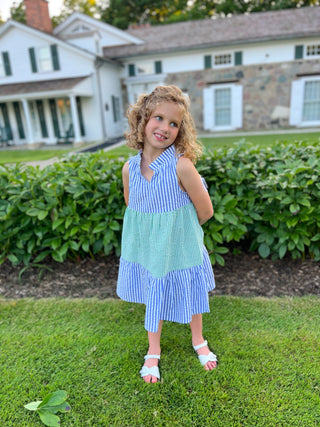 Girls Annika Dress in Seersucker Color Block