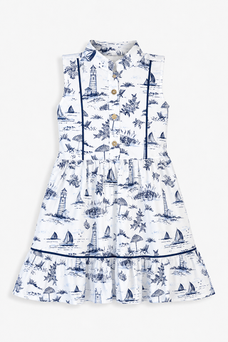 Girls Karina Dress in White with Navy Toile
