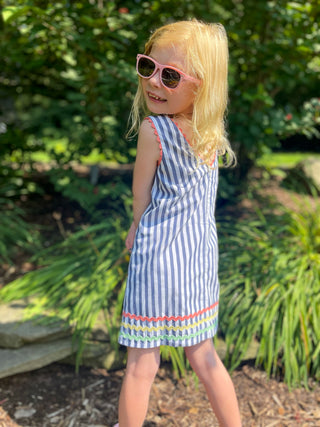 Girls Libby Dress in Navy and White Classic Stripe