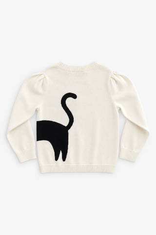 Girls Puff Sleeve Black Cat Sweater in Ivory