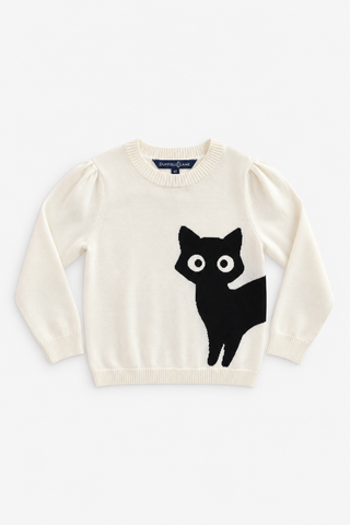 Girls Puff Sleeve Black Cat Sweater in Ivory