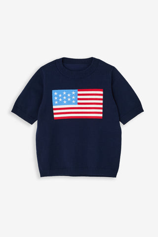 Girls Puff Sleeve Flag Sweater in Navy