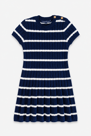 Girls Short Sleeve Sweater Dress in Navy with Ivory Stripe