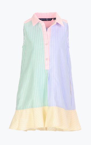 Girls Sleeveless Iris Dress in Oxford Stripe Colorblock