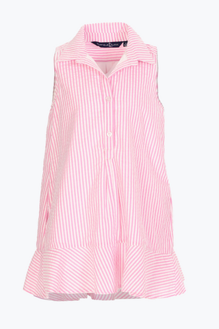 Girls Sleeveless Iris Dress in Pink Seersucker