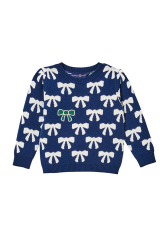 Girls Puff Sleeve Bow Sweater in Navy