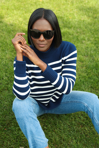 Mock Roll Neck Heirloom Cotton Sweater in Navy & Ivory Stripe