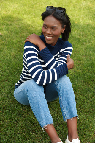 Mock Roll Neck Sweater in Navy & Ivory Stripe