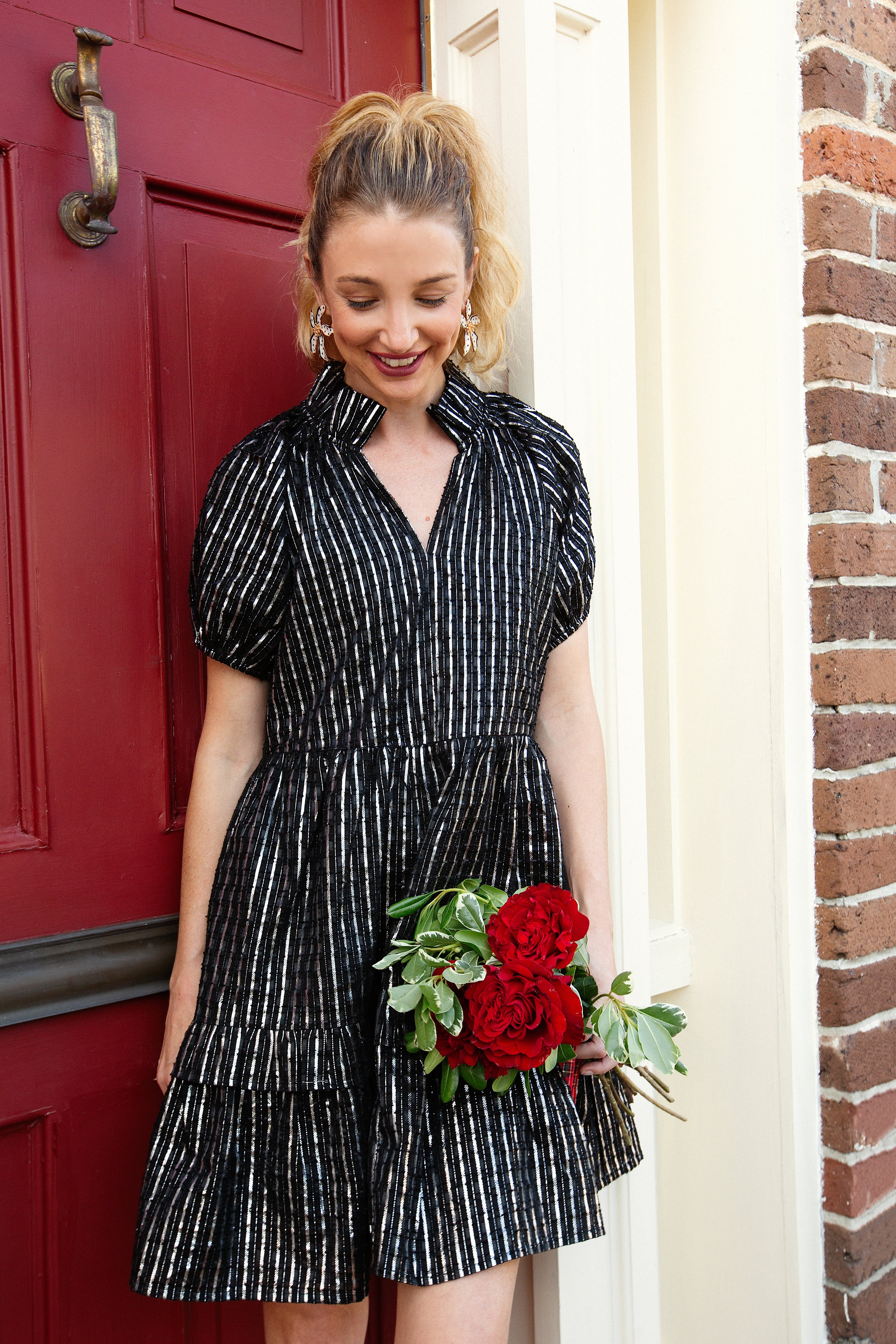 black and silver striped dress Joseph Ribkoff Black/Silver Striped Organza Fit-and-Flare Dress Style 241748