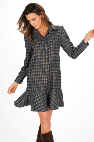 Iris Dress in Navy & Brown Brushed Plaid