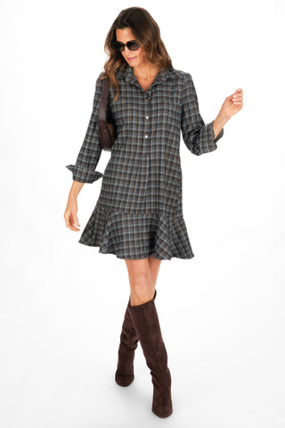 Iris Dress in Navy & Brown Brushed Plaid