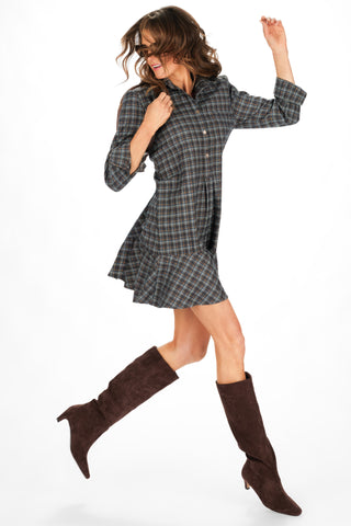 Iris Dress in Navy & Brown Brushed Plaid