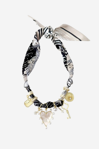 Jackie Multi Charm Scarf Necklace in Black & White