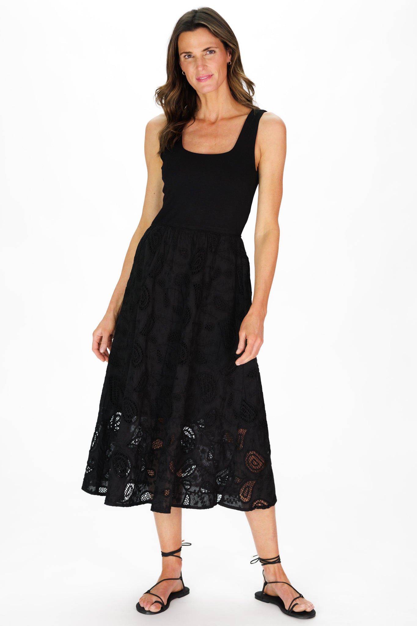 black eyelet dress Kara Midi in Long Weekend Boutique The textured fabric and flowy tiered design make it a flattering pick for any occasion Women's Jada Dress in Black