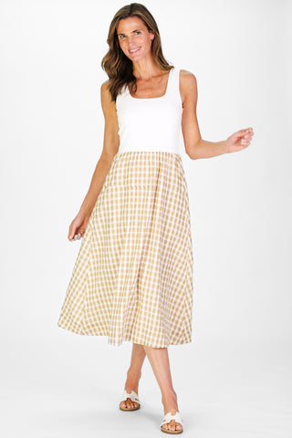 Women's Jada Dress in Tan Gingham Seersucker | Duffield Lane Women's Jada Dress in Tan Gingham Seersucker | Duffield Lane