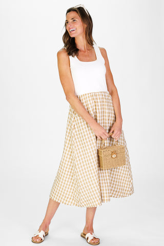 Jada Dress in Tan Gingham Seersucker