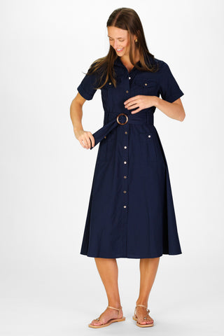 Juna Dress in Navy Silky Oxford