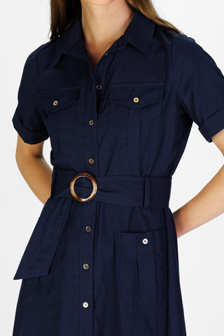Juna Dress in Navy Silky Oxford