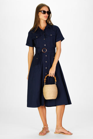 Juna Dress in Navy Silky Oxford