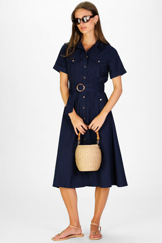 Juna Dress in Navy Silky Oxford