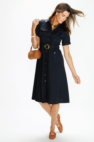Juna Dress in Navy Silky Oxford