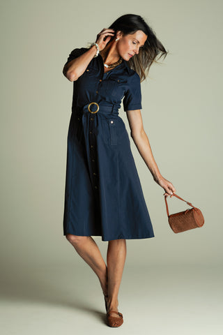 Juna Dress in Navy Silky Oxford